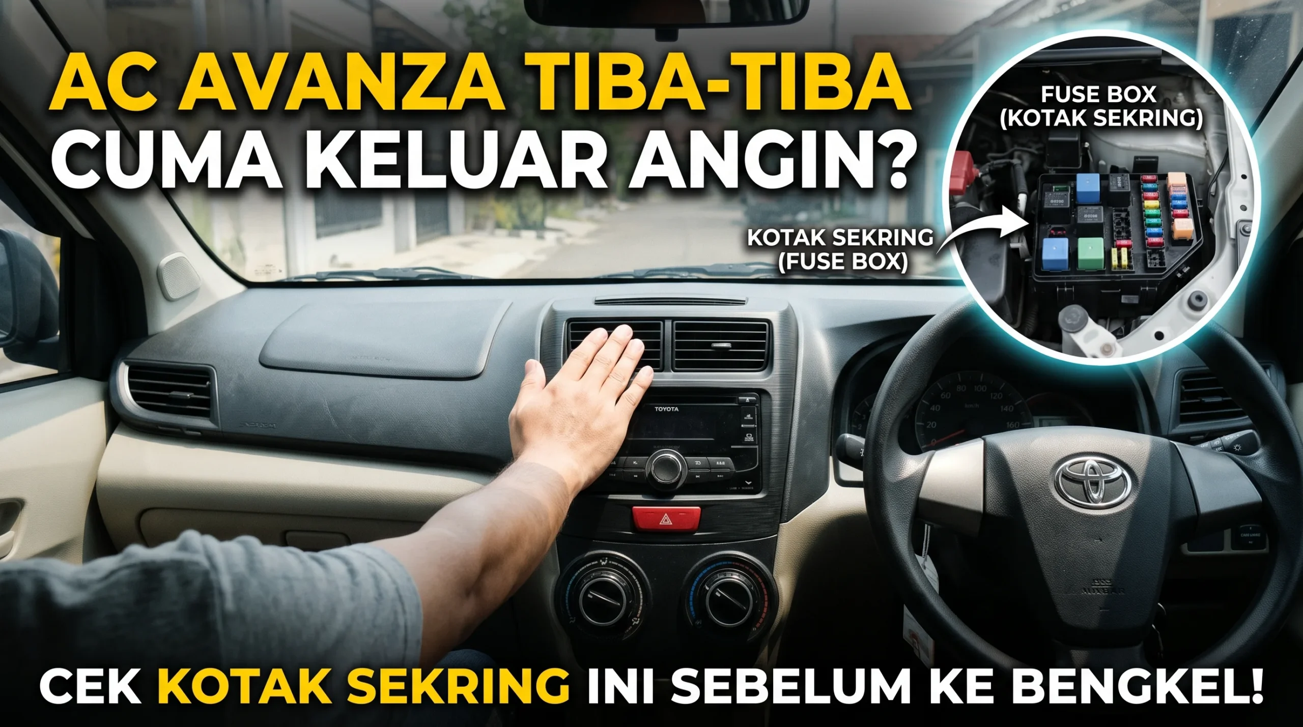 Pengemudi mengecek AC mobil Toyota Avanza yang tiba-tiba tidak dingin dan hanya menghembuskan angin panas.