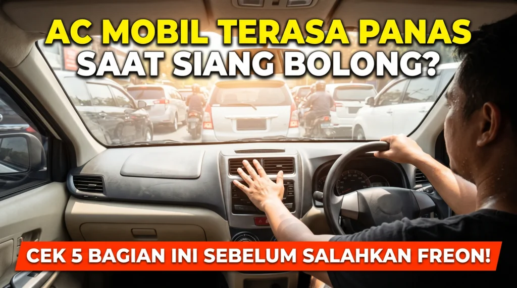 Pengemudi mengecek kisi AC mobil yang terasa kurang dingin saat kondisi macet di siang hari terik.