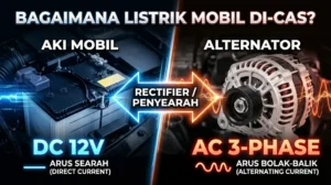 Ilustrasi perbedaan arus DC pada aki mobil dan arus AC pada alternator di dalam sistem kelistrikan kendaraan.