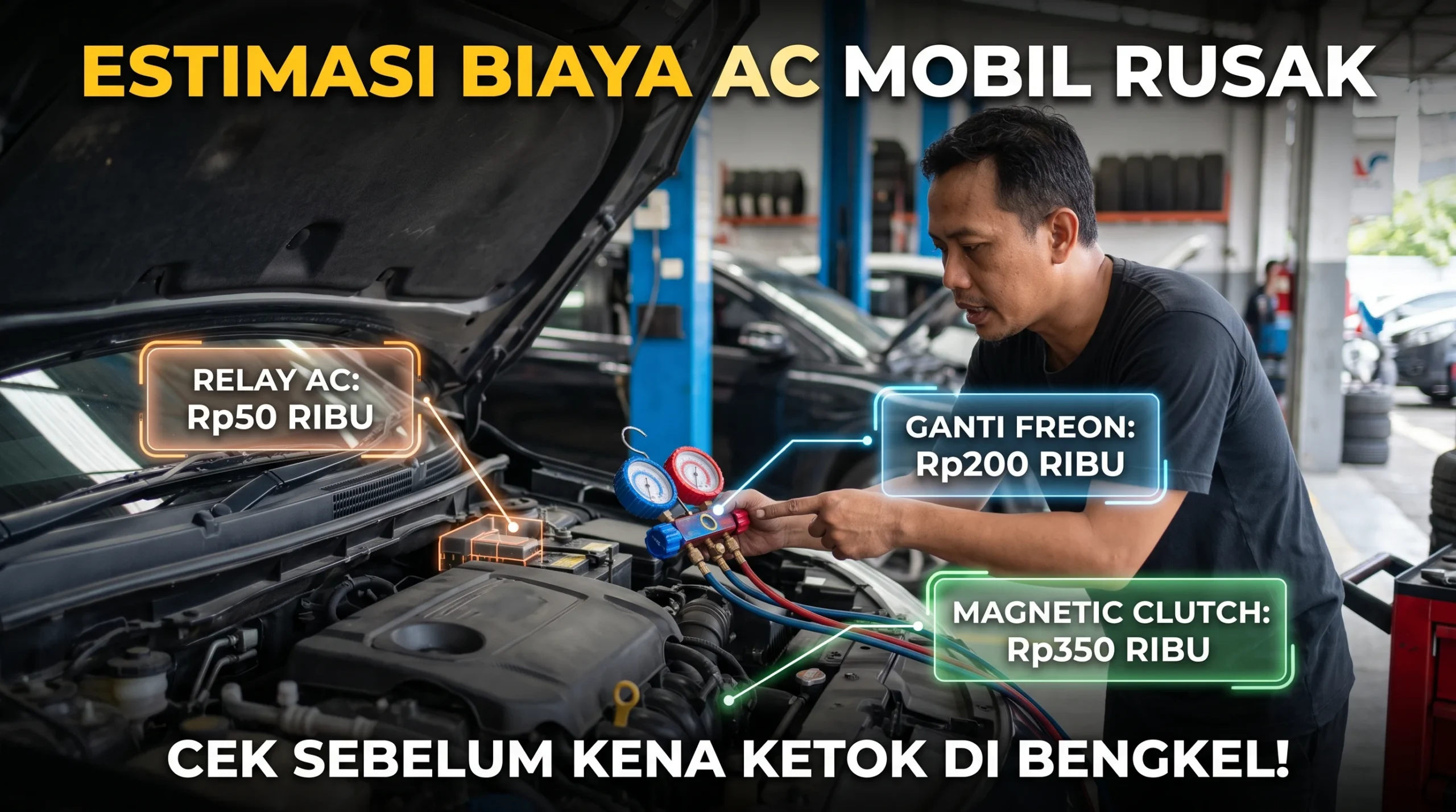 Mekanik memeriksa tekanan freon kompresor untuk menentukan estimasi biaya perbaikan AC mobil yang tidak dingin.