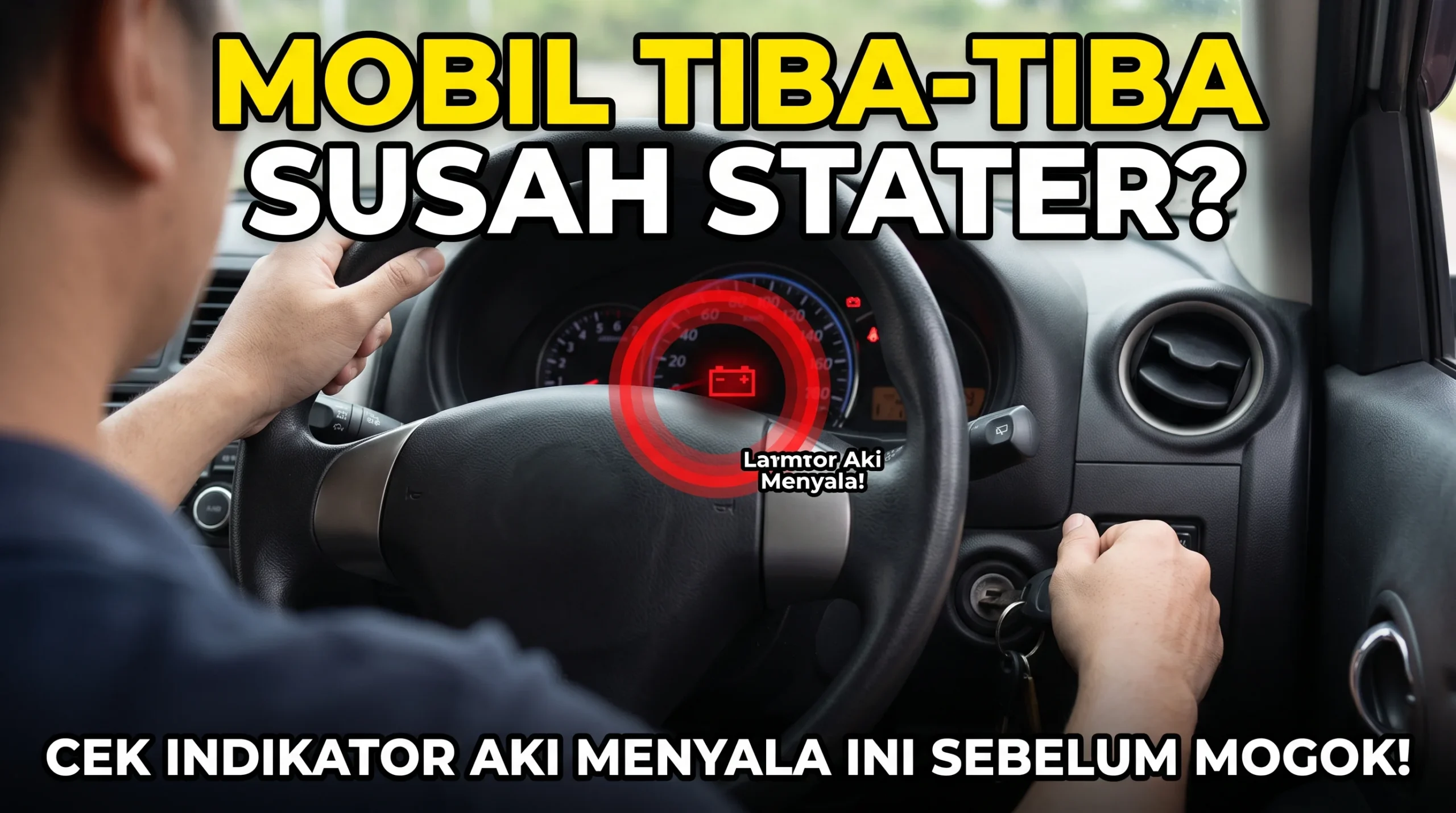 Indikator aki menyala merah di dashboard sebagai salah satu ciri utama aki mobil lemah atau sistem pengisian daya bermasalah.